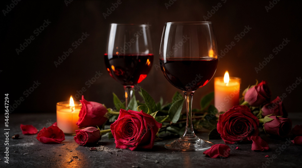 Celebration romantic dinner background with two red roses champagne bottle two empty glasses with red candle dark background warm colors front view Celebration romantic dinner background with two red roses champagne bottle two empty glasses with red candle dark background warm colors front view