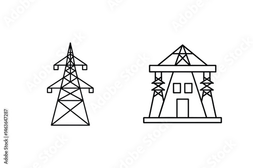 Simple line art illustration of power pylon and electrical substation on white background
