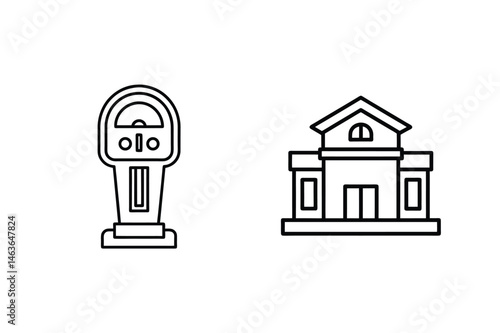Minimalistic vector illustration of a parking meter and a building representing urban infrastructure