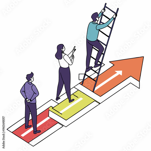 Business team members cooperating to achieve growth and climbing to success together