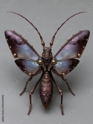 Intricate steampunk insect with iridescent wings and metal accents.