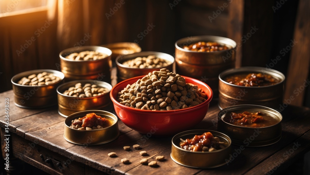 Fototapeta premium Pet food types: wet and dry laid out on the table