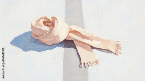 A surreal urban painting depicting an emotional scene with a fallen scarf on a crosswalk.