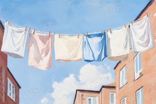 A vibrant urban painting featuring an emotional scene of laundry swaying in the breeze.