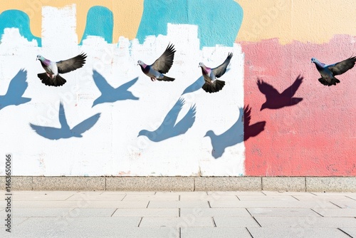 Emotional urban painting featuring flying pigeons casting shadows in a vibrant city scene.