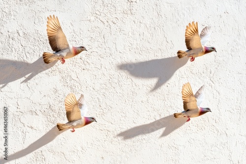 Urban painting depicting emotional shadows of flying pigeons in a vibrant city setting.