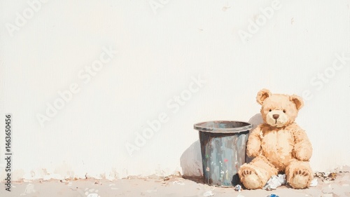 A worn teddy bear in an urban setting evokes emotional connections and nostalgia.