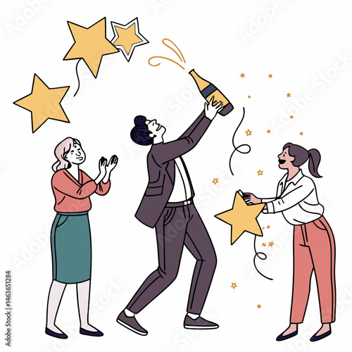 Team celebrating success with champagne and stars achieving goals together