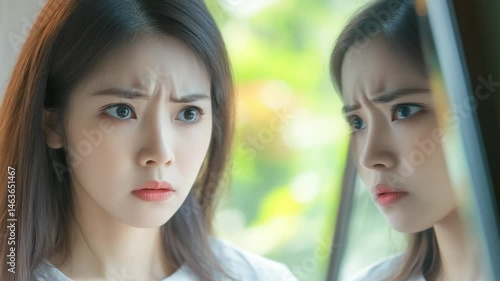 Wallpaper Mural A young asian woman with a worried expression staring at her own reflection in the mirror Torontodigital.ca