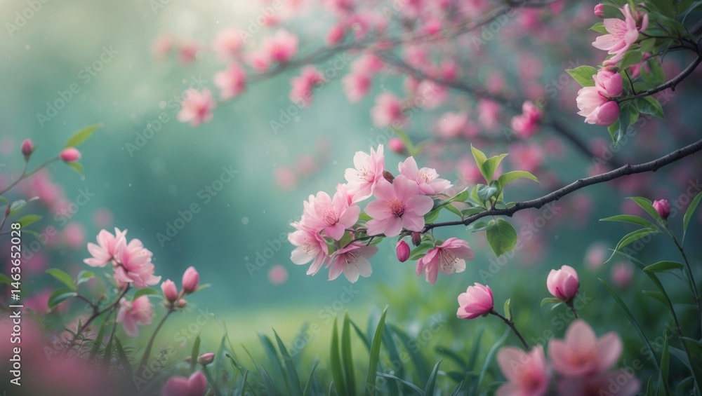 Outdoor spring landscape with flowering trees, pink petals, and soft focus floral scenery for web banner. Outdoor spring landscape with flowering trees, pink petals, and soft focus floral scenery for web banner.