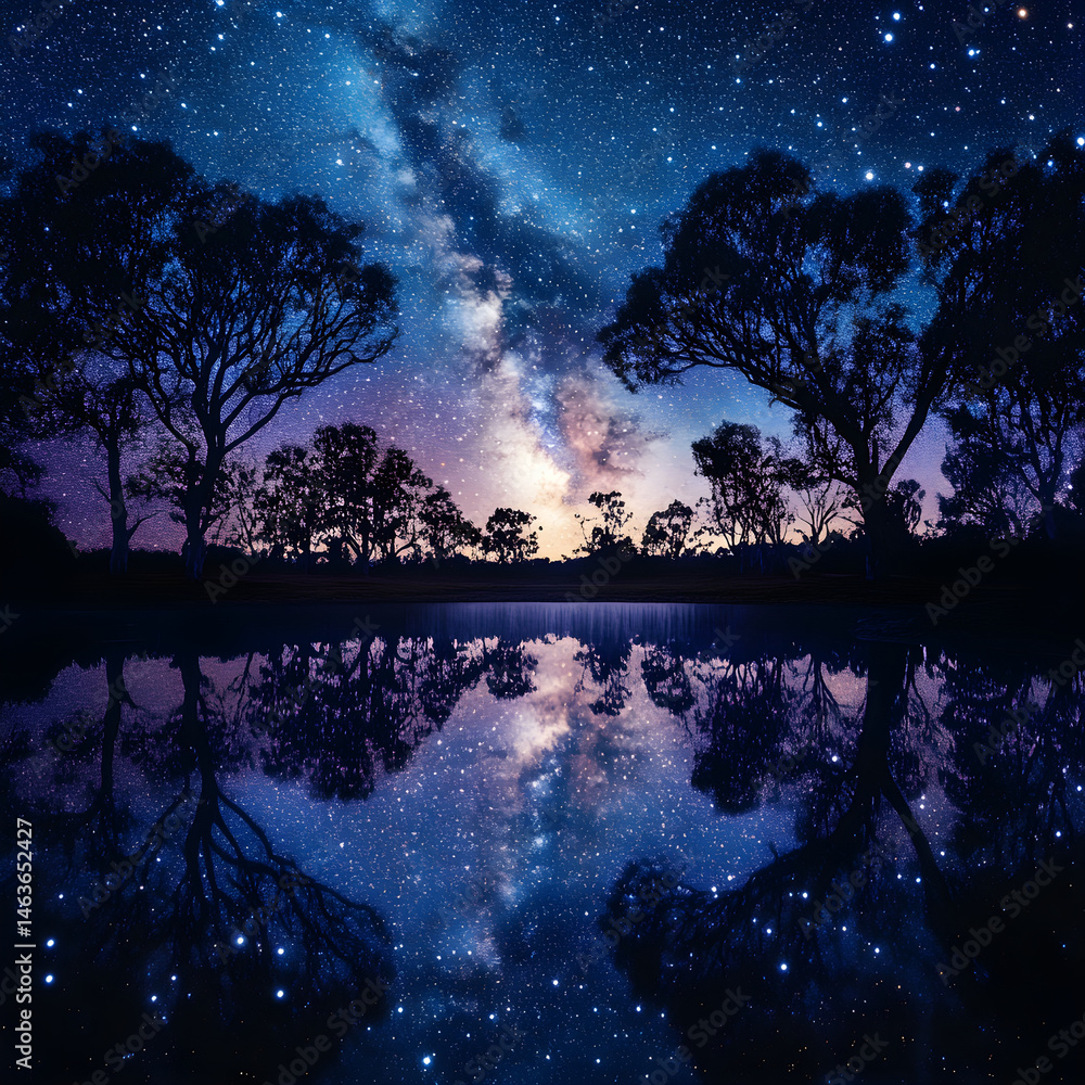 Celestial Symphony: A Lake's Reflection of the Star-Studded Milky Way in Tranquil Harmony