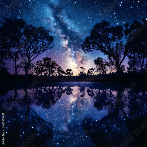 Obraz na płótnie Celestial Symphony: A Lake's Reflection of the Star-Studded Milky Way in Tranquil Harmony w salonie