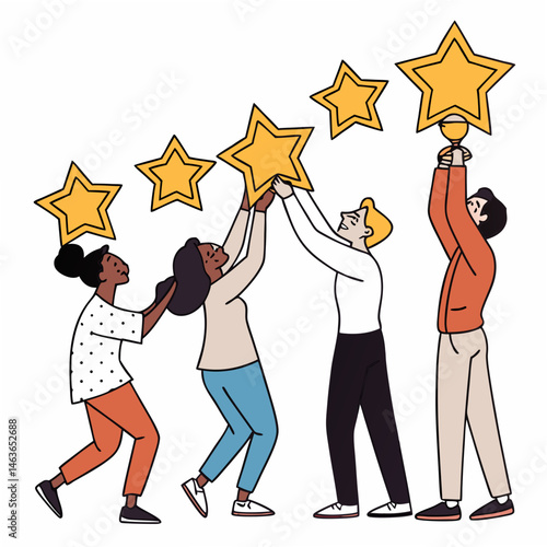 Team celebrates success by raising golden stars high above to achieve goal