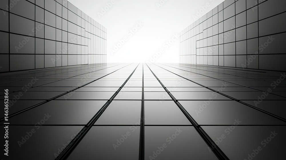 A low-angle view of a modern building with symmetrical rows of glass windows, its clean lines and bold design standing out in the outdoor setting A low-angle view of a modern building with symmetrical rows of glass windows, its clean lines and bold design standing out in the outdoor setting