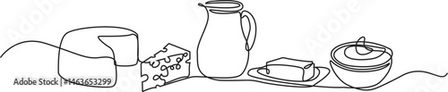 Dairy products in continuous line art drawing style. Cheese, milk, butter and sour cream black linear sketch isolated on white background. Vector illustration, editable stroke.