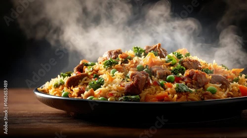 Steaming Hot Delicious Meat Rice Dish with Vegetables A Perfect Food Photograph