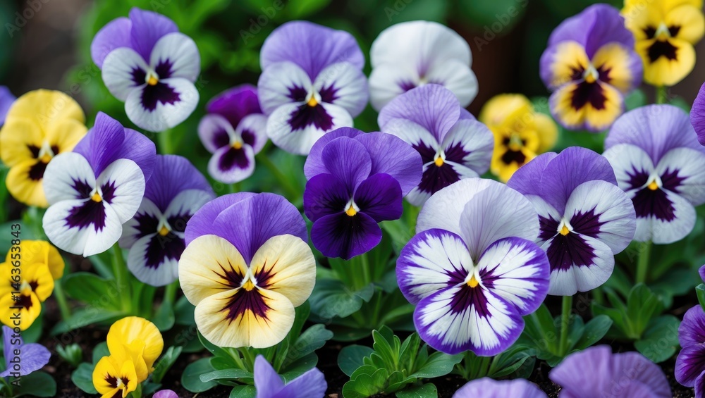 Garden pansies in vibrant yellow and violet, detailed view.
