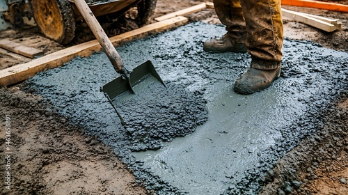 Concrete being spread and smoothed on a construction site