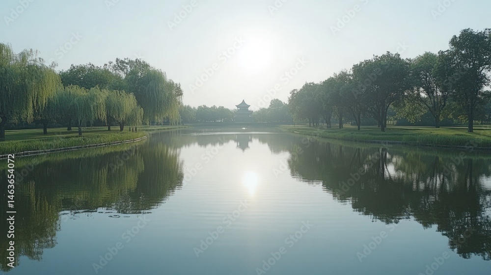 Obraz premium Serene water reflection of trees and pavilion in a tranquil park