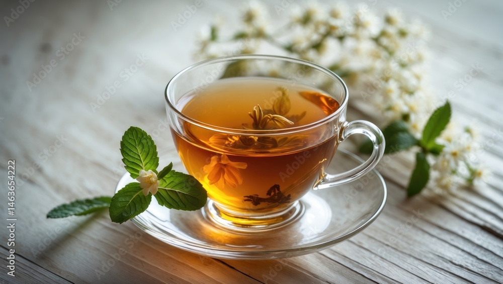 Jasmine tea featuring floral and leaf elements Jasmine tea featuring floral and leaf elements