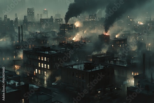 Fototapeta Naklejka Na Ścianę i Meble -  Dark, industrial city shrouded in smog at night