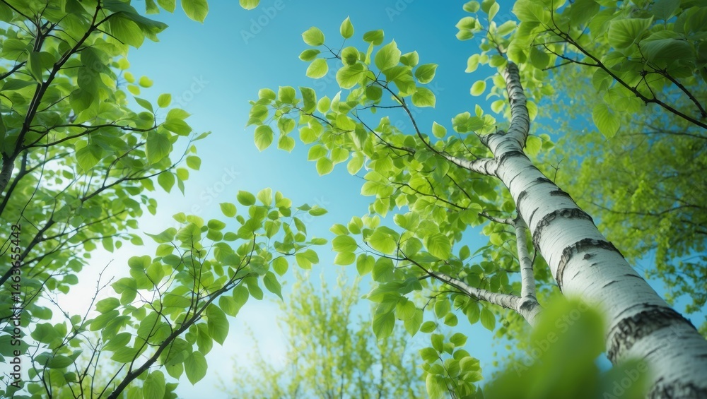 Fototapeta premium Close-up of a birch tree with vibrant green leaves and blossoms during early spring morning