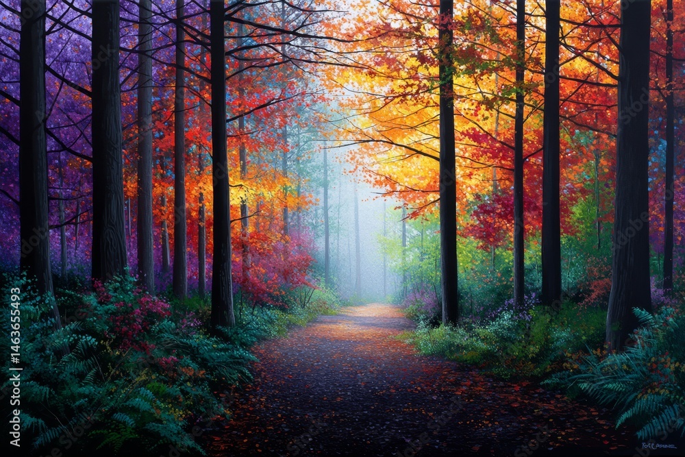 Obraz premium Autumn Path Through Enchanted Forest - A magical autumn scene, a path winds through a forest with vibrant purple, red, orange, and yellow trees, bathed in soft morning light