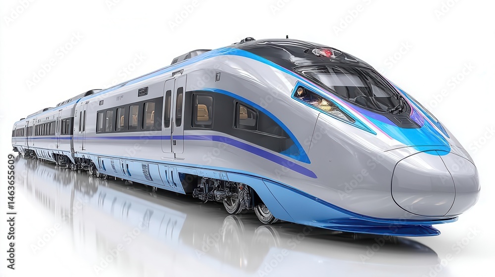 Naklejka premium Modern high speed train with sleek aerodynamic design and blue accents