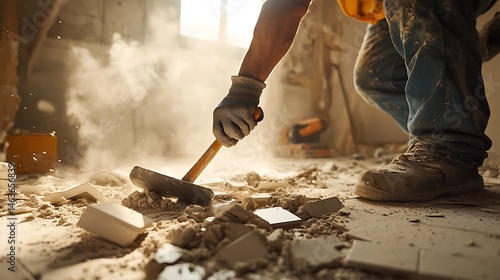 Wallpaper Mural Construction Worker Using Hammer to Break Concrete Torontodigital.ca