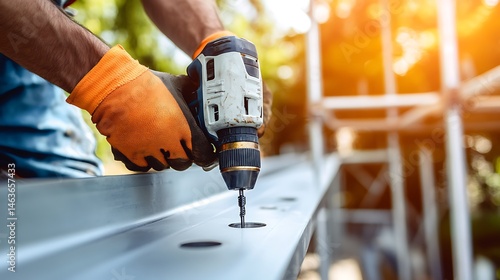 Wallpaper Mural Construction Worker Using a Cordless Drill on Metal Surface Torontodigital.ca