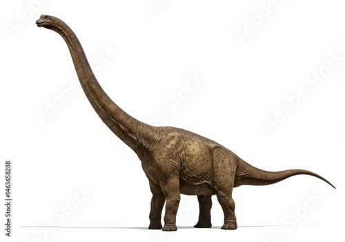 Full view of a brachiosaurus dinosaur with long neck and tail on a white background in a studio shot