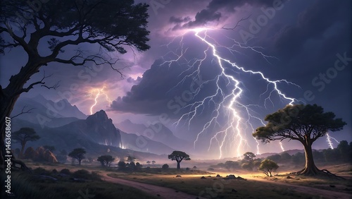 Lightning storm depicted in a dramatic fantasy art style, featuring vibrant electric bolts and dark clouds, perfect for mystical scenes, weather illustrations, fantasy storytelling, and dynamic digita
