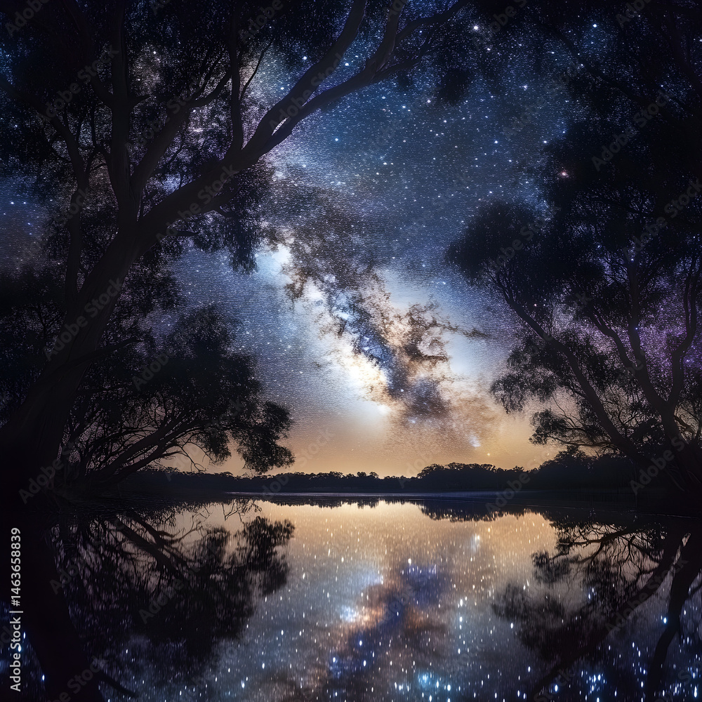 Celestial Symphony: A Lake's Reflection of the Star-Studded Milky Way in Tranquil Harmony