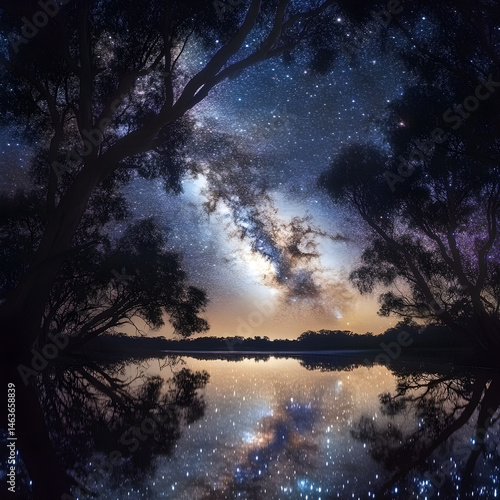 Obraz na płótnie Celestial Symphony: A Lake's Reflection of the Star-Studded Milky Way in Tranquil Harmony w salonie