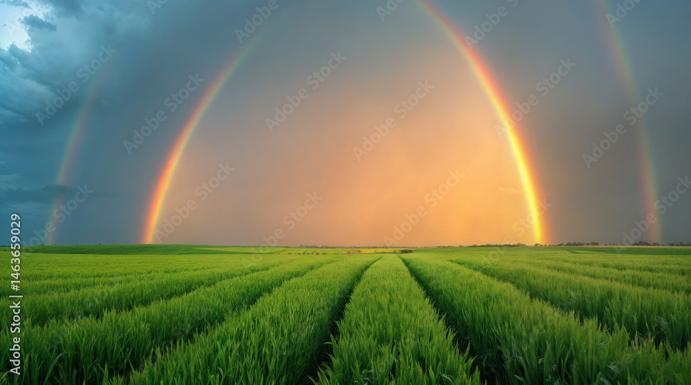 Agricultural field on horizon under the sky after the rain with colorful rainbow, panorama, banner, concept of weather forecast Agricultural field on horizon under the sky after the rain with colorful rainbow, panorama, banner, concept of weather forecast