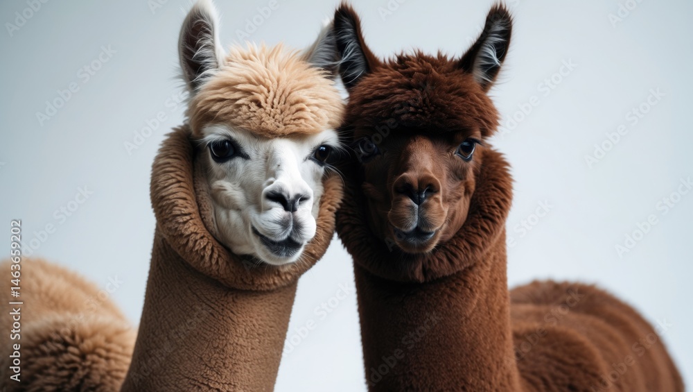 Obraz premium Two alpacas, one light brown and one dark brown, in a studio shot isolated on white