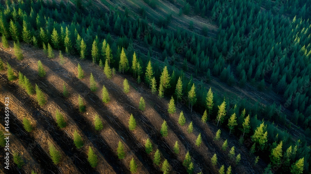 Fototapeta premium Discover a brand-new hillside windbreak plantation project demonstrating rich landscape restoration and environmental protection benefits