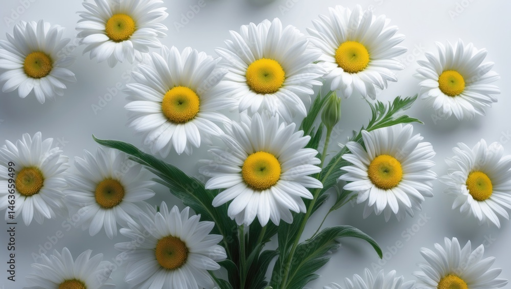 Isolated chamomile flowers and leaves arranged on white background Isolated chamomile flowers and leaves arranged on white background