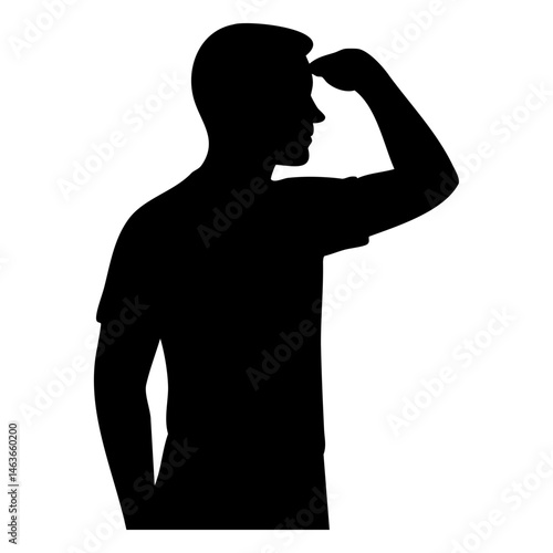 Silhouette of man looking ahead with hand on forehead