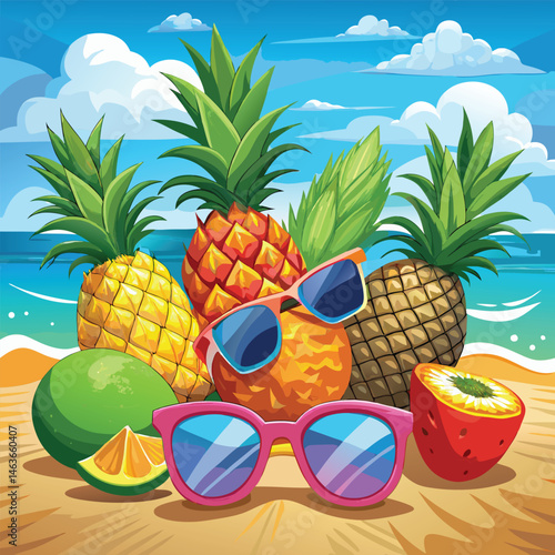 Summer Pineapples with Sunglasses on Beach