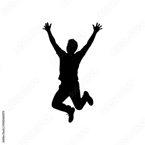 Silhouette of man jumping with raised arms