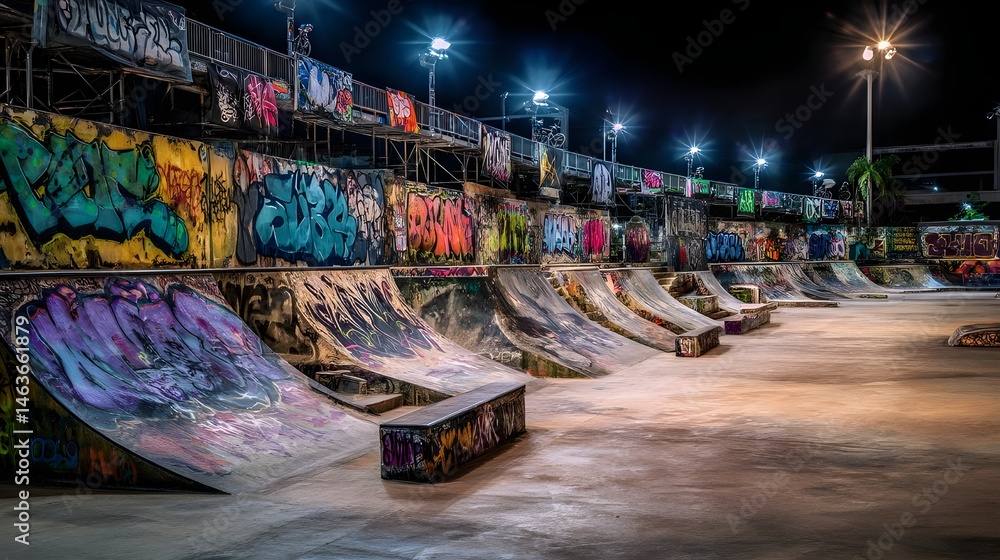 Fototapeta premium A row of graffiti covered skate ramps under stadium lights ignites urban street culture thrills