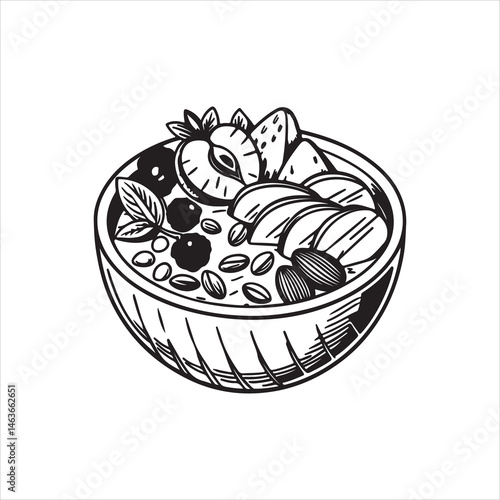 Monochrome Breakfast Bowl Vector with Fruits and Nuts