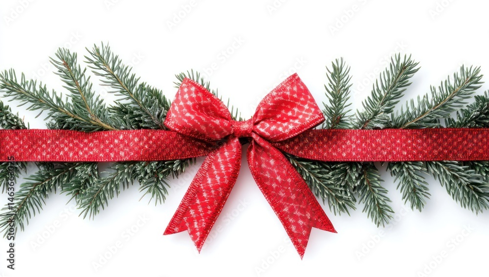 festive evergreen branches adorned with a vibrant red ribbon and bow on a pristine white background festive evergreen branches adorned with a vibrant red ribbon and bow on a pristine white background