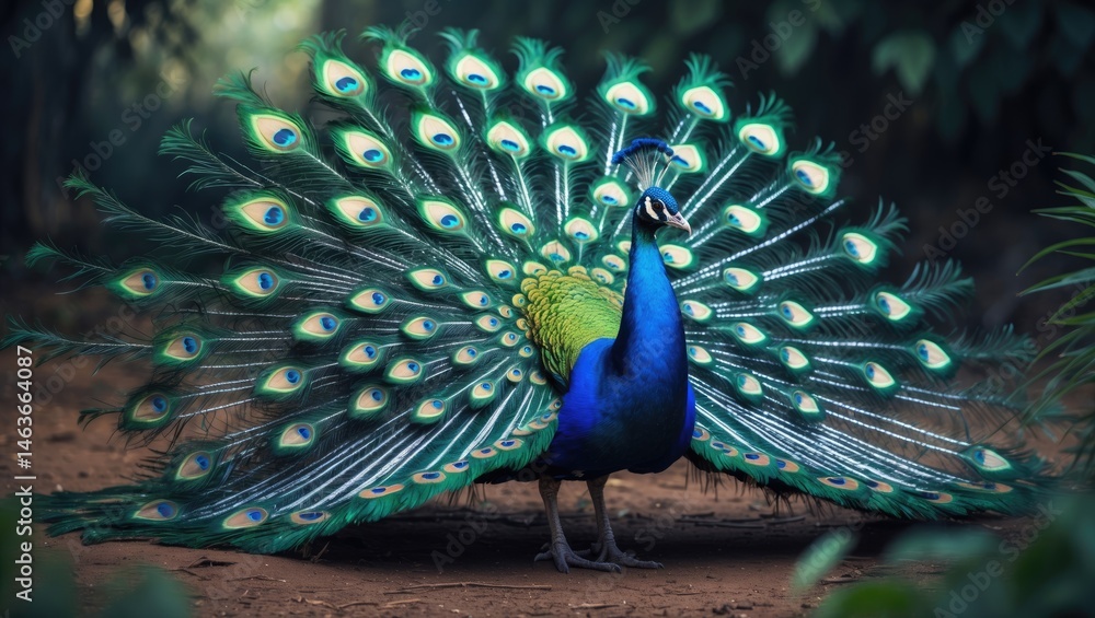 Obraz premium Colorful peafowl male with iridescent feathers fanning out, revealing intricate eye-like designs and vibrant hues