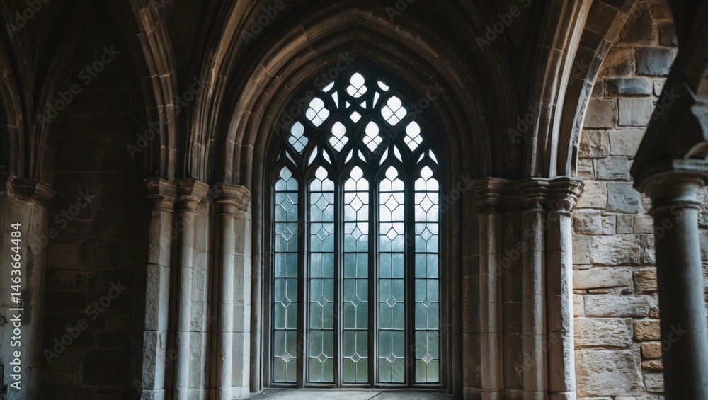 Old-fashioned stained glass window set in carved stone facade Old-fashioned stained glass window set in carved stone facade