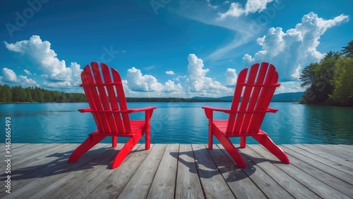 Fototapeta Naklejka Na Ścianę i Meble -  Colorful red chairs by the water's edge on a bright sunny day, overlooking the lake