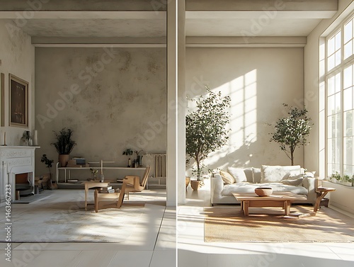 A split screen showcasing the elegance of living spaces, contrasted in their design and feel