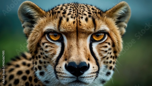 Wildlife portrait of a cheetah with detailed fur and expressive eyes against a background of nature