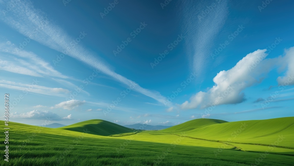 Vibrant grassland over rolling hills under a clear blue sky with clouds Vibrant grassland over rolling hills under a clear blue sky with clouds